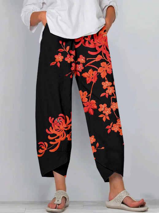 Comstylish Japanese Flowers Embroidered Cropped Casual Pants
