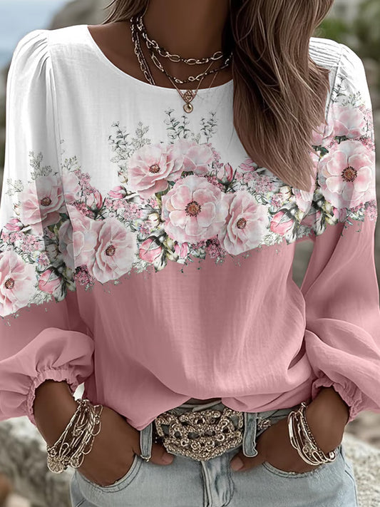 Comstylish Women's Floral Print Round Neck Long Sleeve Linen Blend Shirt