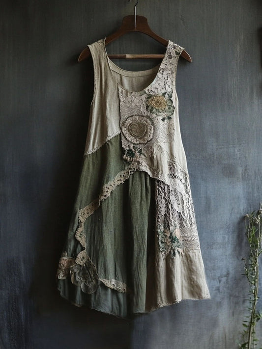 Retro Floral Lace Patchwork Comfy Linen Tank Dress artswardrobe