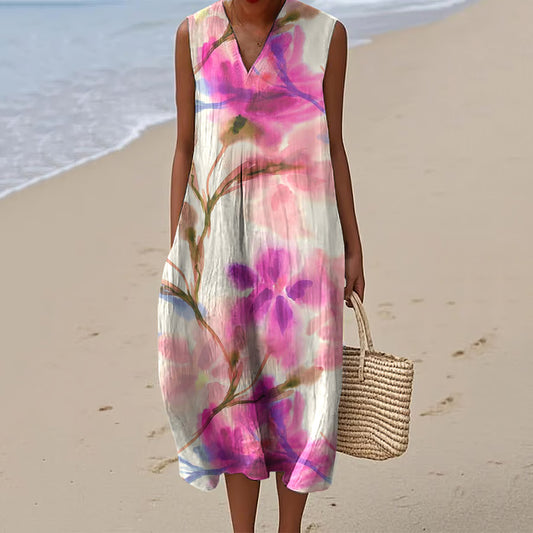 Women's Fashion Floral Linen Print V Neck Dress artswardrobe