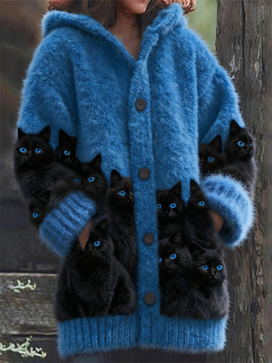 Comstylish Classy Fuzzy Black Cats Cozy Knit Hooded Cardigan