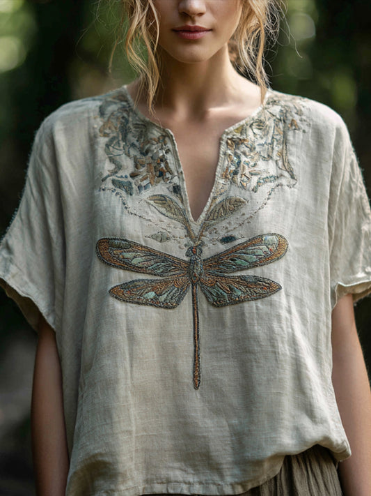 Bohemian Style Plant And Flower Three-dimensional Embroidery Vintage V-neck Short-sleeved Shirt artswardrobe
