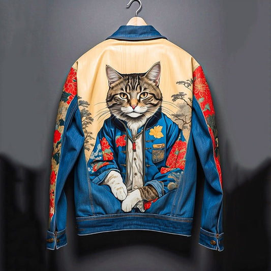 Casual Japanese Art Cat Flower Contrast Denim Jacket elevenforest