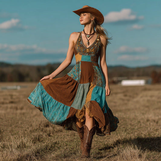 Vintage Western Style Patchwork V-neck Suspender Midi Dress artswardrobe