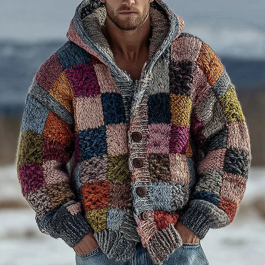 Men's Geometric Block Panel Contrast Knit Button Hooded Sweater elevenforest