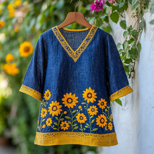 Women's Retro Sunflower Embroidery Contrast T-shirt artswardrobe