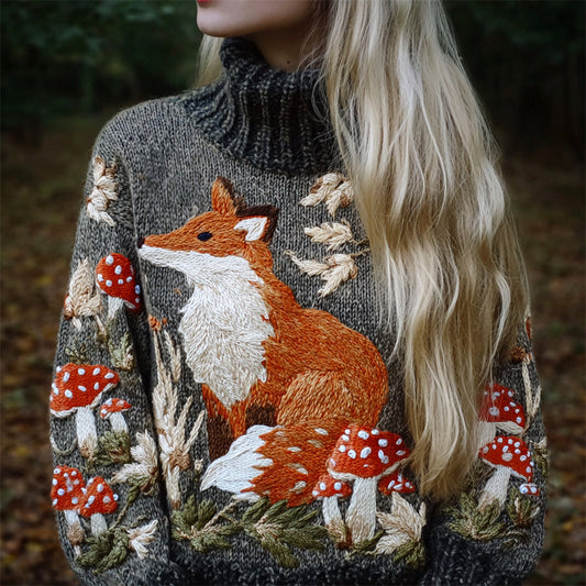 Fall Fox & Mushroom Embroidered Women's Knit Turtleneck Sweater elevenforest