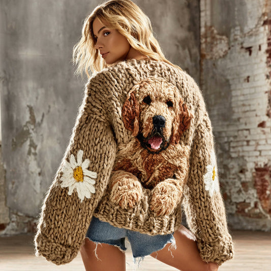 Classic Fluffy Cute Dogs With Floral Felt Art Inspired Embroidered Cozy Knit Sweater Cardigan elevenforest