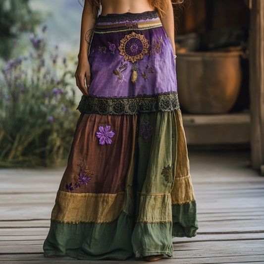 Women's Boho Lavender And Lace Patchwork Embroidered Art Linen Blend Skirt artswardrobe
