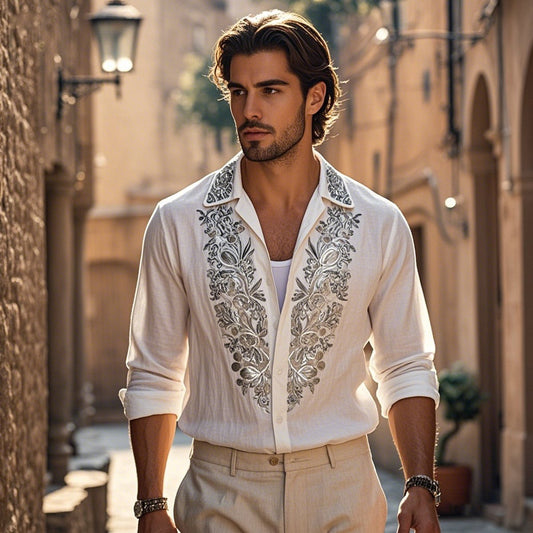 Men's Bohemian Embroidered Linen Long Sleeve Shirt artswardrobe