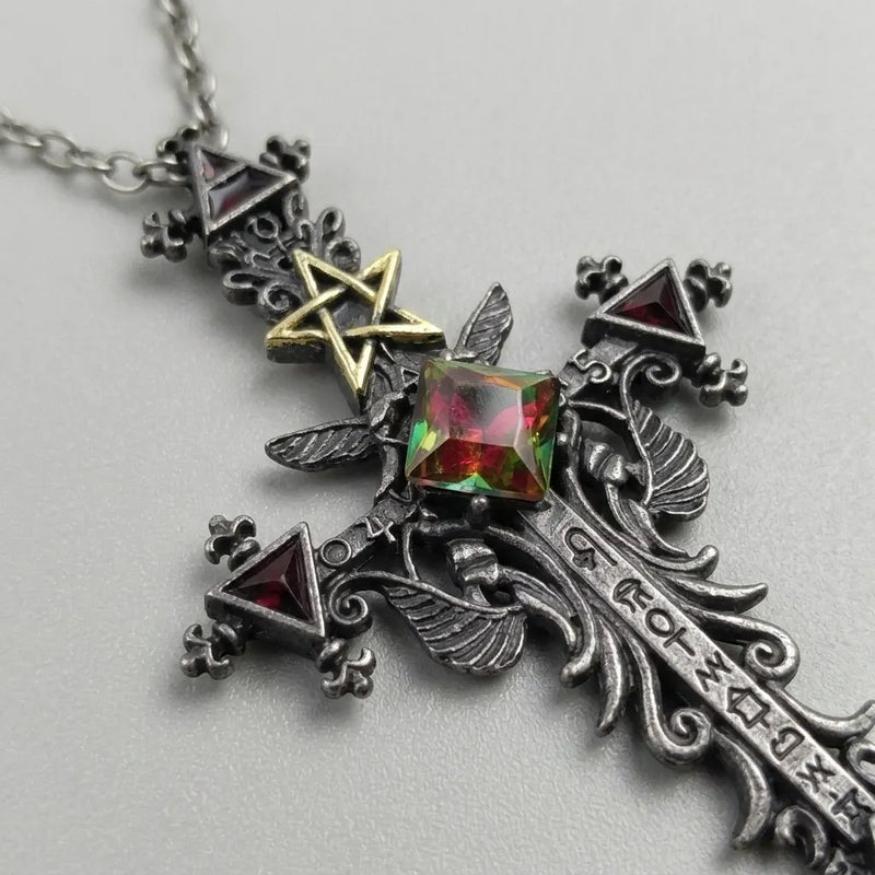 Dark Ritual Pentagram Crystal Cross Necklace