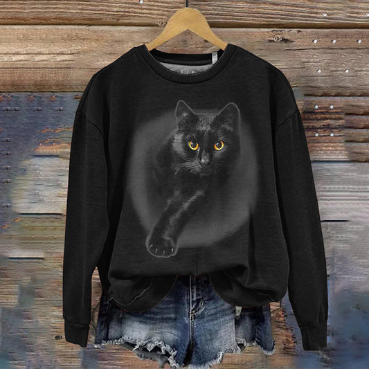 Women's Black Cat Yellow Eyes  Print Sweatshirt elevenforest