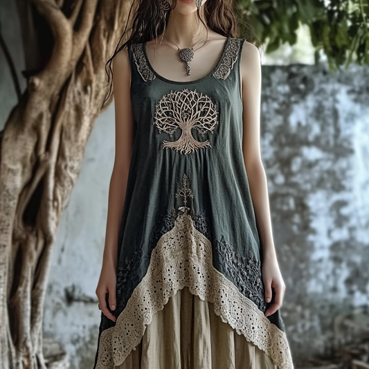 Viking Celtic Tree Of Life Lace Patchwork Linen Tank Midi Dress artswardrobe