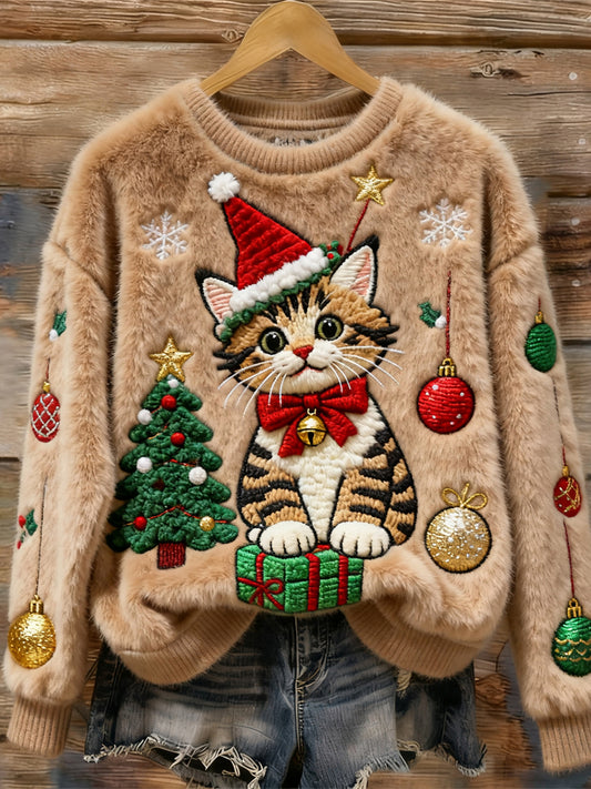 Comstylish Christmas Tree & Cat Embroidered Women's Soft Plush Sweater
