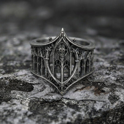 Gothic Arched Filigree Oxidised Silver Statement Ring