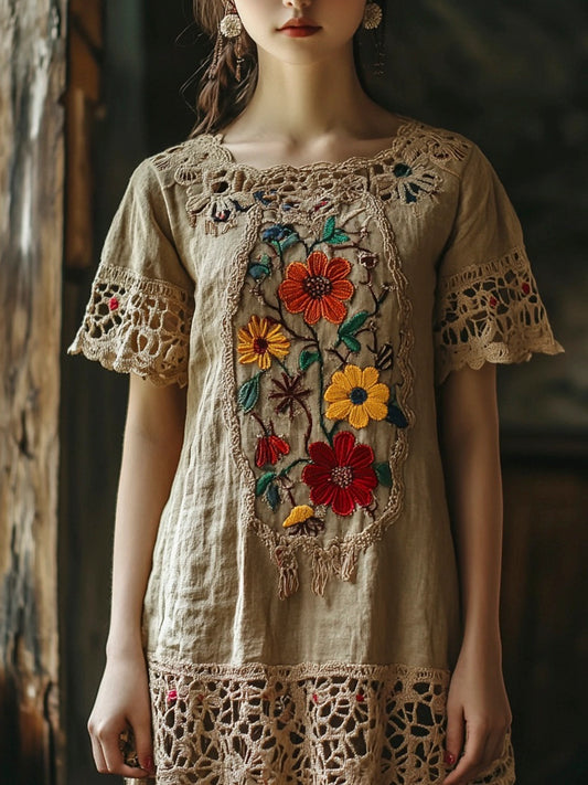 Vintage Lace Floral Embroidery Women's Linen Dress artswardrobe