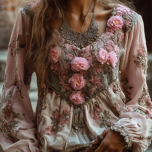 Comstylish Ladies' Pink Floral Vintage Casual Round-neck White Long-sleeved Top