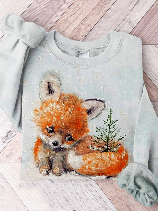 Cute Fox and Little Tree Art Casual Cozy Sweatshirt artswardrobe