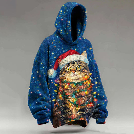 Cute Christmas Cat Print Cozy Knit Hooded Sweater elevenforest