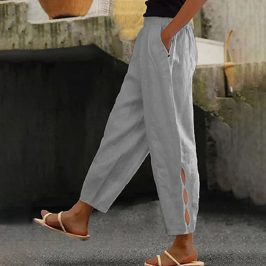 Women's Vintage Hollow Design Solid Color Linen Casual Pants artswardrobe