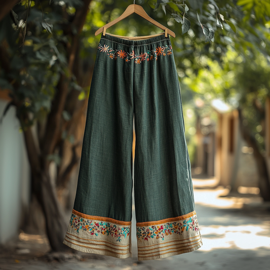 Vintage Embroidered Flower Linen Blend Casual Pants artswardrobe