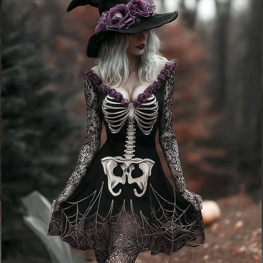 Comstylish Women's Halloween Skeleton Flower V-neck Short Skirt
