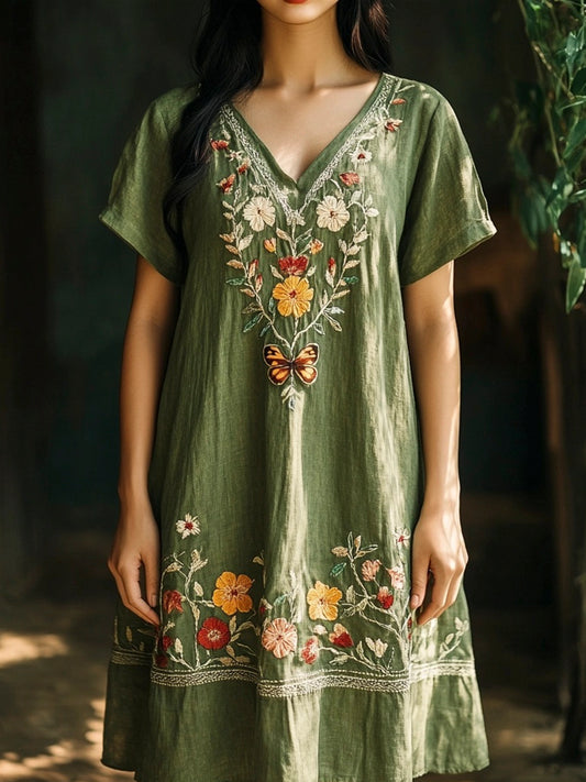 Boho Botanical Floral Embroidery Women's Linen Dress artswardrobe