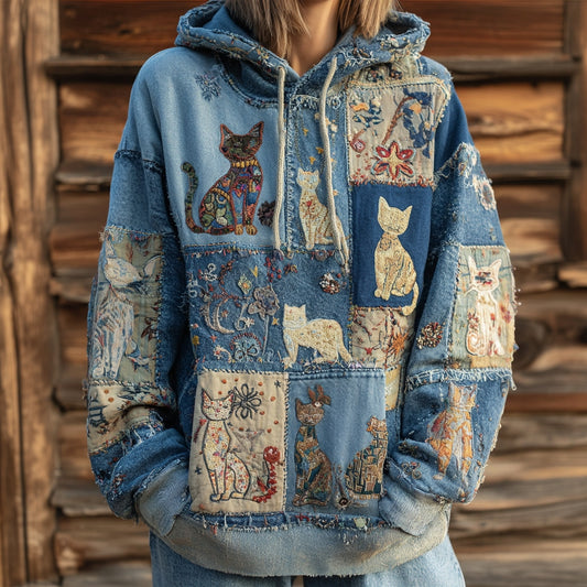 Comstylish Women's Denim Cute Cat Bohemian Floral Patchwork Print Hoodie