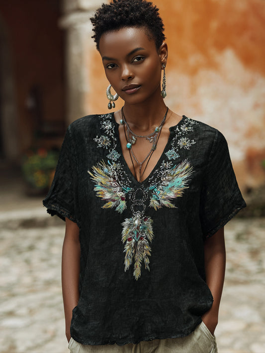 Western-style Bright-colored Feather Three-dimensional Embroidery Sequin V-neck Black Short-sleeved Shirt artswardrobe