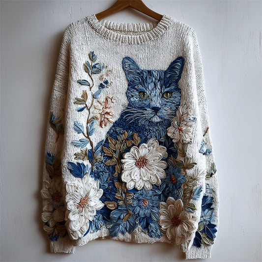 Comstylish Vintage Cat Floral Embroidered Cozy Knit Sweater