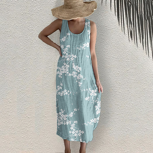 Comstylish Cherry Blossom Japanese Print Sleeveless Linen Blend Midi Dress