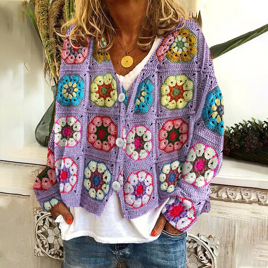 Casual Floral Blanket Print Knitted Cardigan artswardrobe