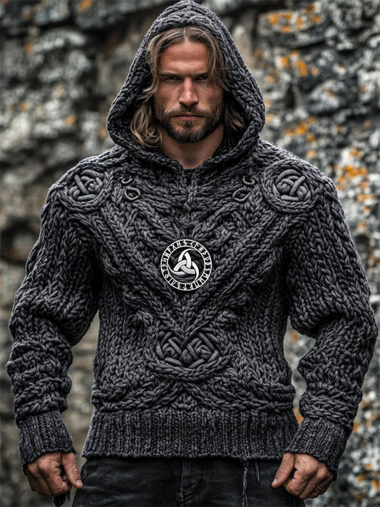 Men's Viking Symbol Embroidered Celtic Chunky Hooded Sweater elevenforest
