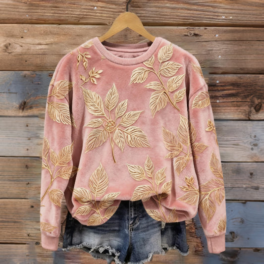 Comstylish Vintage Leaves Pattern Pink Cozy Plush Sweatshirt