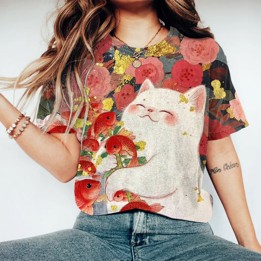 Cute Cat Holding Carp Floral T-shirt