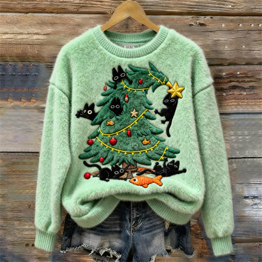 Comstylish Christmas Tree Playful Cats Women's Cozy Plush Sweater
