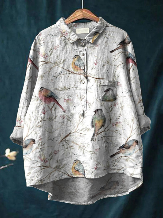 Women's Floral Bird Art Print Casual Cotton And Linen Shirt