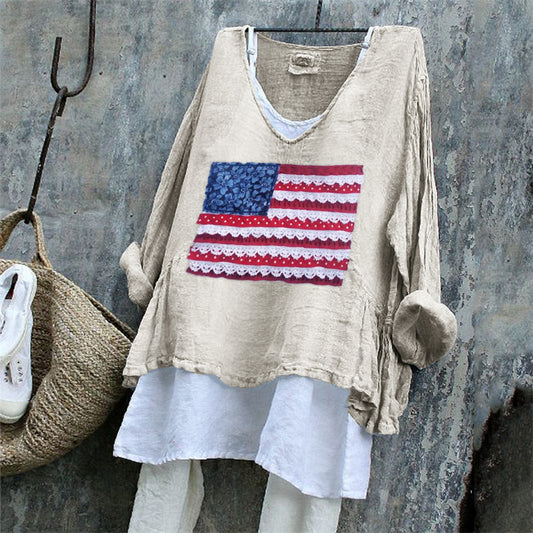 Comstylish American Flag Fiber Art Patch Linen Tunic