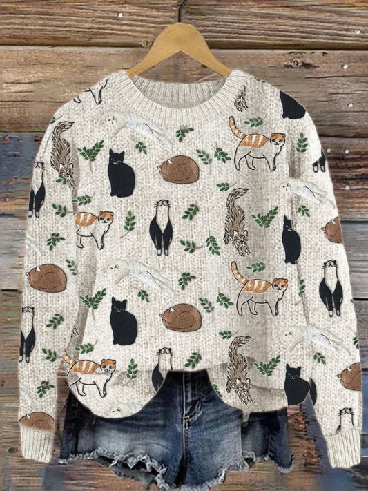 Cats & Leaves Embroidery Pattern Cozy Knit Sweater artswardrobe