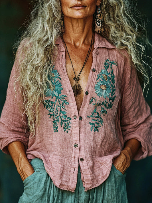 Women's Vintage Linen Bohemian Print Shirt artswardrobe
