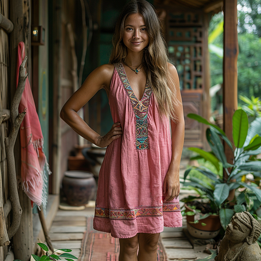 Comstylish Retro Boho Tribal Art Embroidery Print Cotton And Linen V-neck Sleeveless Midi Dress