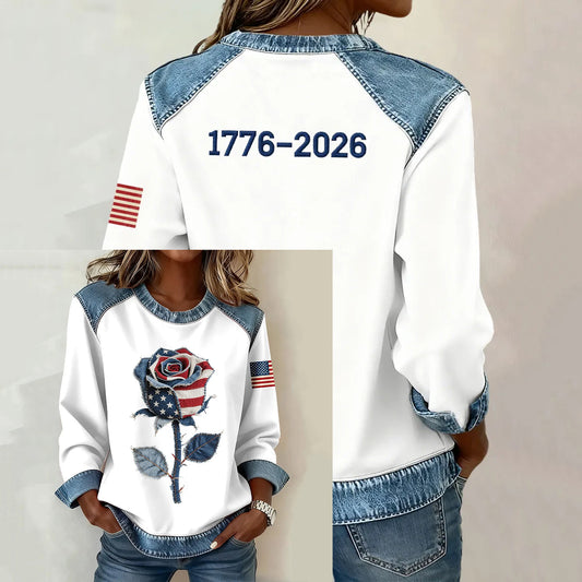 Comstylish Women's Vintage American Flag Inspired Rose Print Sweatshirt
