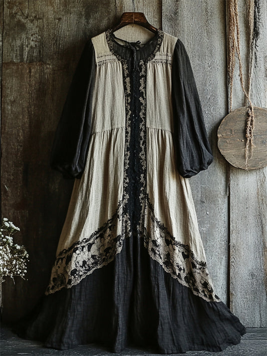 Vintage Classy Black Lace Contrast Patchwork Linen Maxi Dress artswardrobe