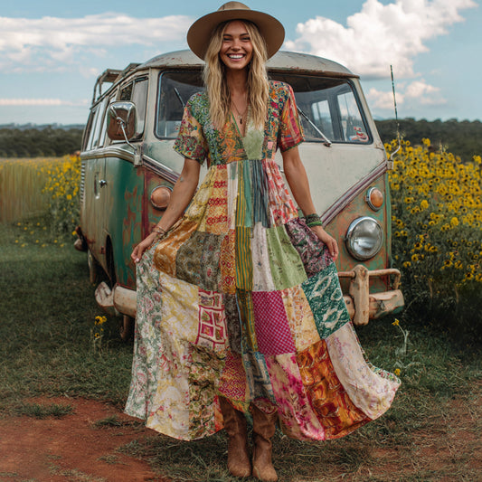 Countryside Style Collection Classy Patchwork Floral Pattern Art Linen Maxi Dress artswardrobe