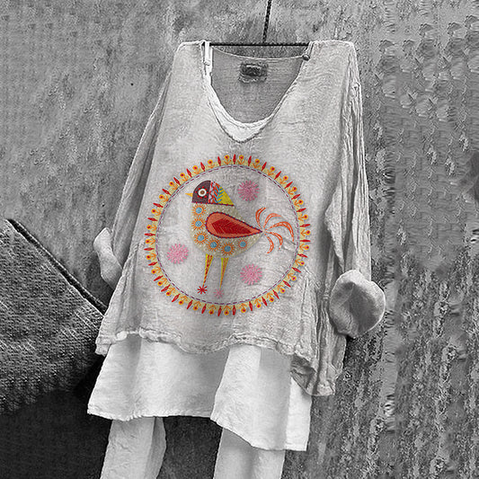 Women's Floral And Bird Art Print Cotton And Linen Shirt artswardrobe
