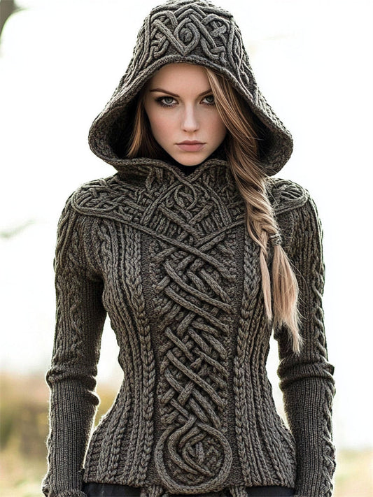 Vintage Celtic Mystical Slim Fit Chunky Hooded Sweater elevenforest