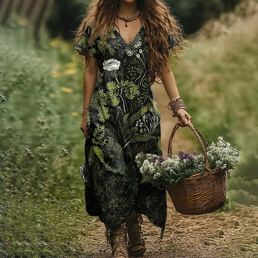 Women's Vintage Floral Print V-neck Loose Midi Dress artswardrobe