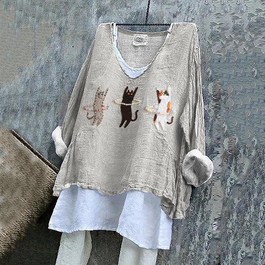 Comstylish Women's Retro Dancing Cat Art Graphic V-neck T-shirt