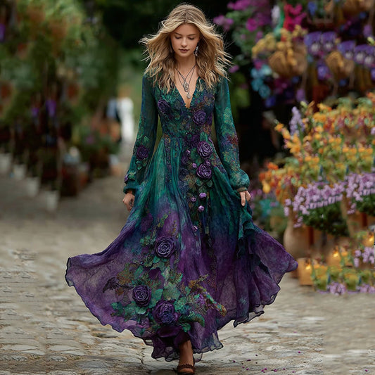Women's Vintage Purple Rose Gradient Art Long Sleeve Dress artswardrobe