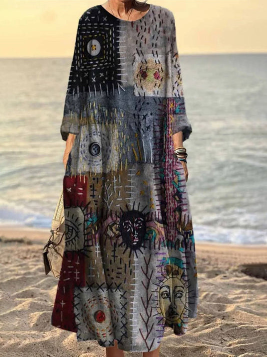 Vintage Stitching Geometric Pattern Women's Linen Maxi Dress artswardrobe